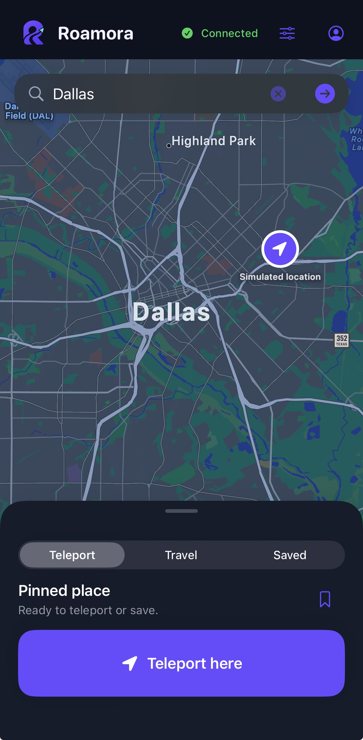 Roamora teleport controls with a location selected in Dallas.