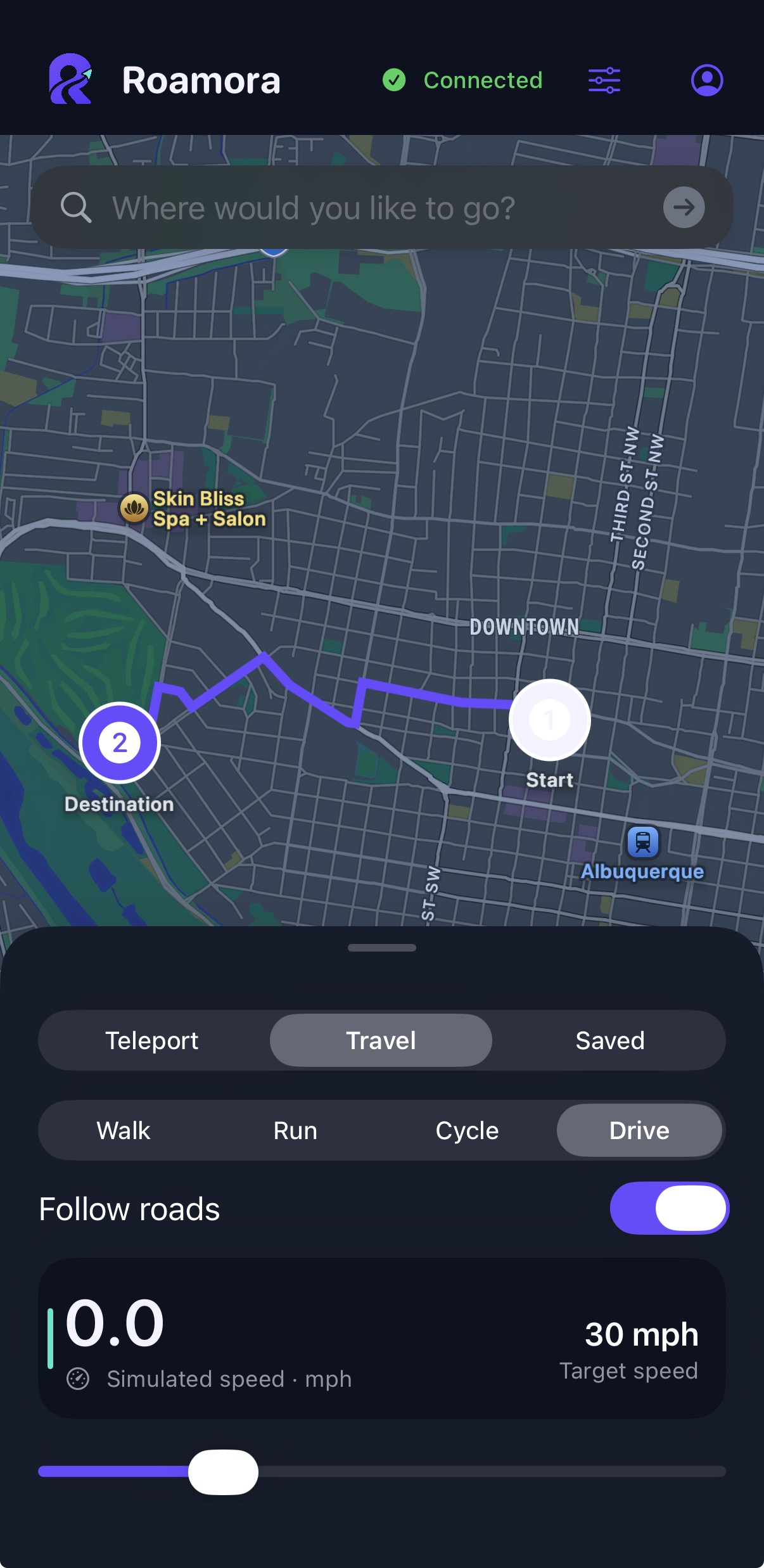 Roamora showing a driving route, Follow roads and travel speed controls.