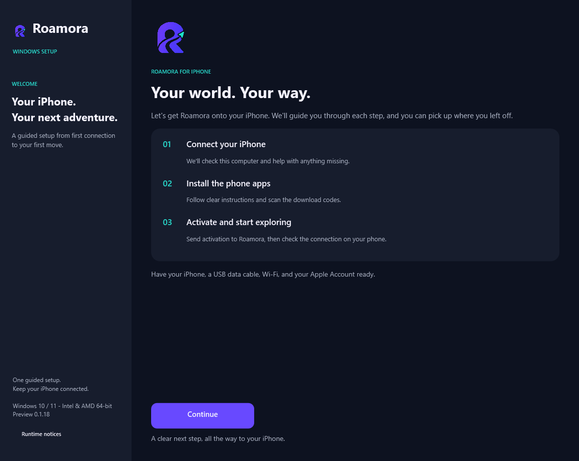 Roamora Setup showing the connection, installation and activation guide.